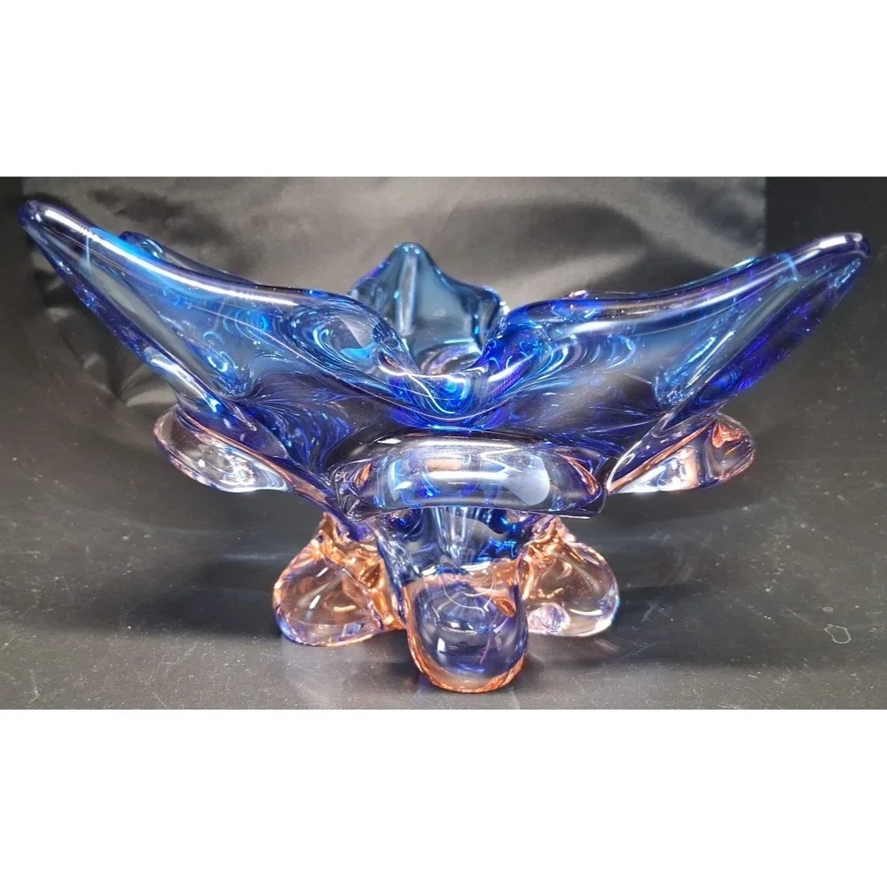 Vintage Murano Sommerso Art Glass Candle Holder, Blue, Clear with Pink Tint